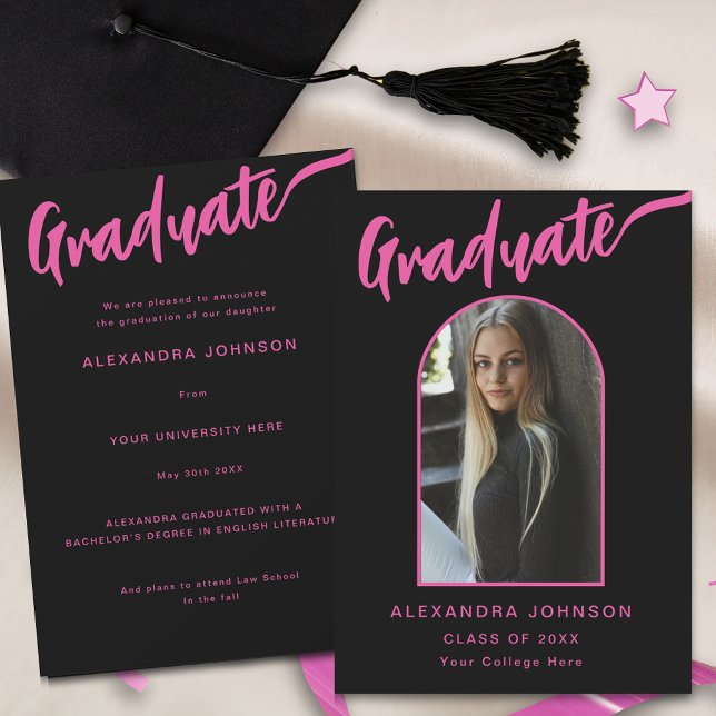 Faire-part Arche photo moderne Pink Script noir (Stylish graduate photo arch hot pink calligraphy script black graduation announcement card)