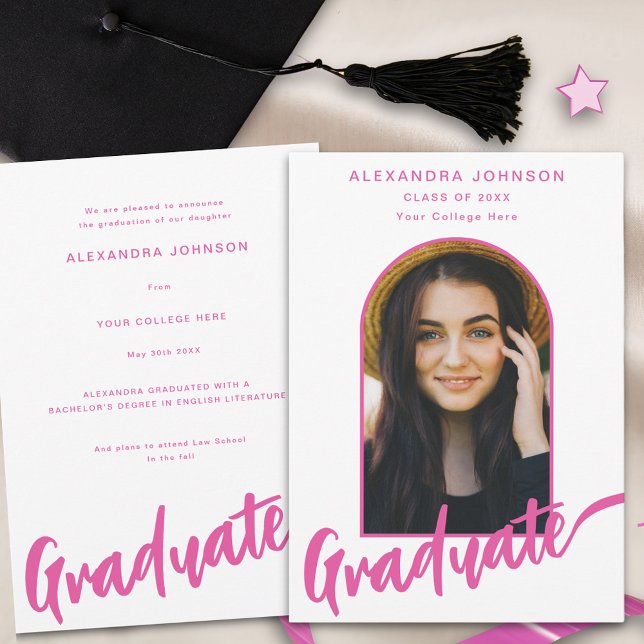 Faire-part Arche photo moderne Script rose (Elegant hot pink script graduate photo boho arch Graduation announcement card)