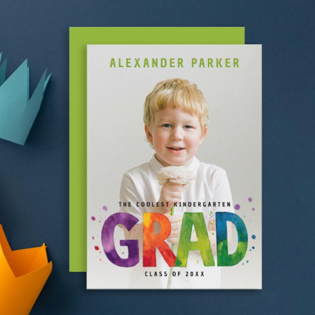 Faire-part Artsy Kindergarten Graduate Colorful Green Photo (Créateur téléchargé)