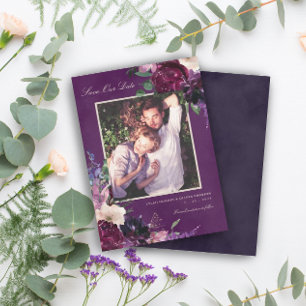 Faire-part Aubergine Violet Floral Photo Sauver Notre Date
