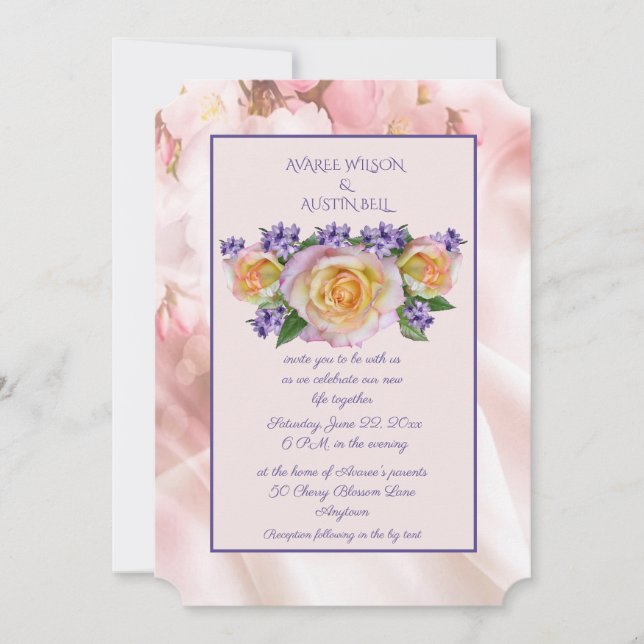 Faire-part avec rose pâle et accents violets (Devant)