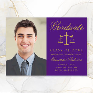 Faire-part Avocat Purple Gold Script Photo Graduation