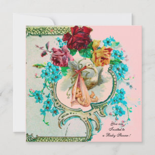 FAIRE-PART BABE FILLE FÊTE DE NAISSANCE AVEC ROSES ET FLEURS 