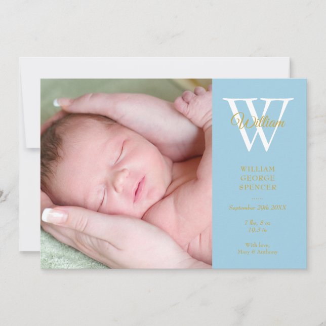Faire-part Baby Boy 4 Photos Monogramme Bleu Script Or Naissa (Devant)