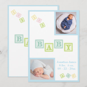 Faire-part Baby Boy ABC Blocs Bleu Nouveau-né Photos Baby