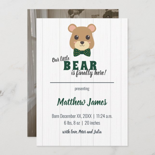 Faire-part Baby Boy Bear Vert & Or Vertical Baby (Devant / Derrière)