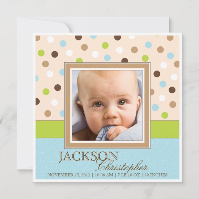 Faire-part Baby Boy Birth Deux photos en bleu + points verts (Devant)