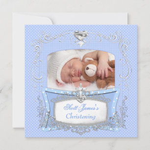 Faire-part Baby Boy Christening Baptême bleu Polka Dot