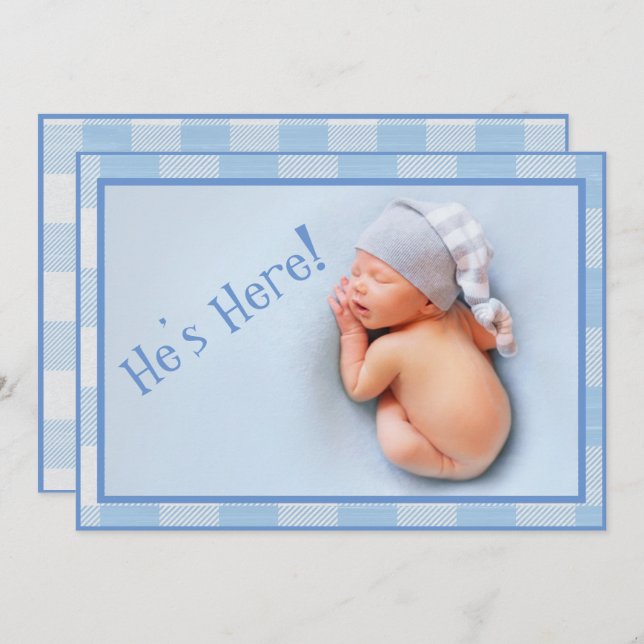 Faire-part Baby Boy En vichy Plaid Photo Moderne Naissance (Devant / Derrière)