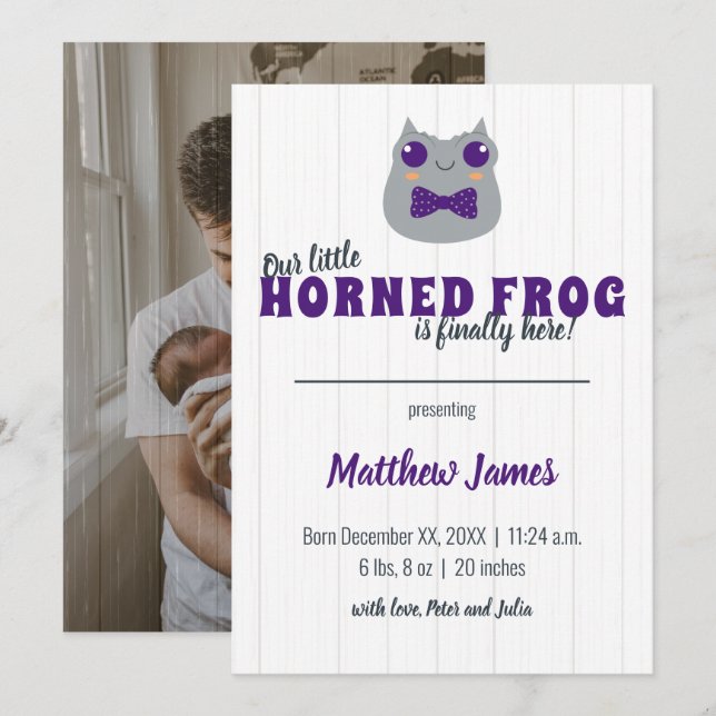 Faire-part Baby Boy Horned Frog Purple Vertical Baby (Devant / Derrière)