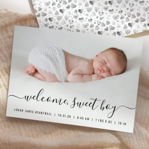 Faire-part Baby Boy Photo Black White Script Coeurs Naissance