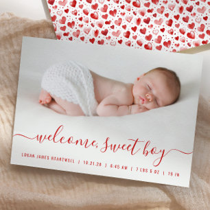 Faire-part Baby Boy Photo Red Script Hearth Birth