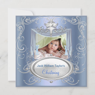 Faire-part Baby Christening Baptême Garçon Croix Bleue Argent