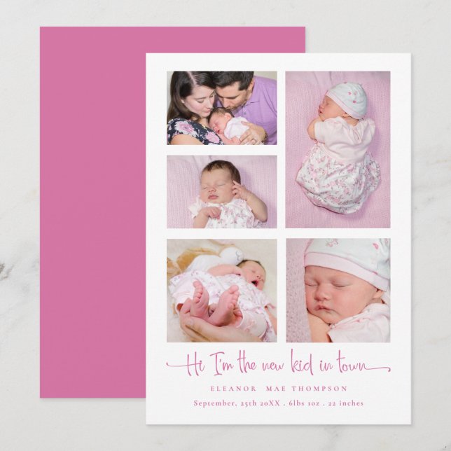 Faire-part Baby Girl 5 Photo Collage Pink Script Naissance (Devant / Derrière)