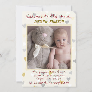 Faire-part Baby Girl avec son lapin Nouveau Arrivée