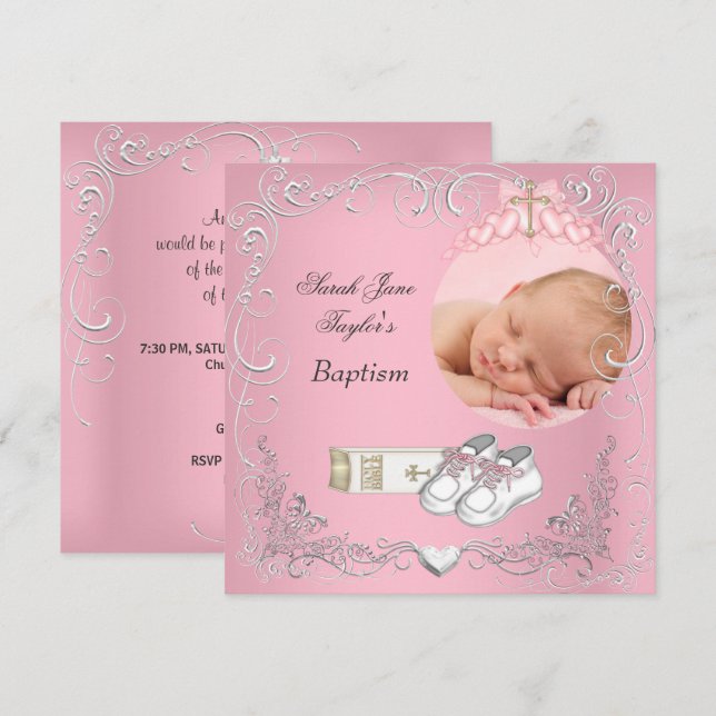Faire-part Baby Girl Christening Baptême Blanc Rose Bible (Devant / Derrière)