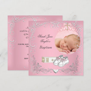 Faire-part Baby Girl Christening Baptême Blanc Rose Bible