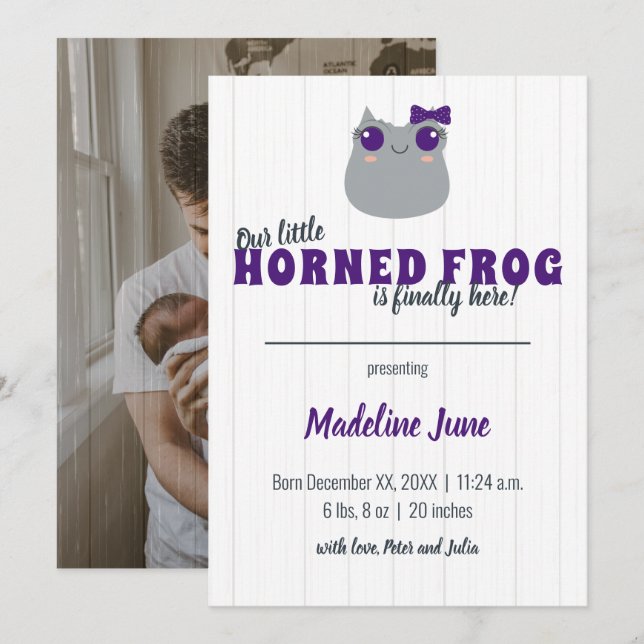 Faire-part Baby Girl Horned Frog Purple Vertical Baby (Devant / Derrière)