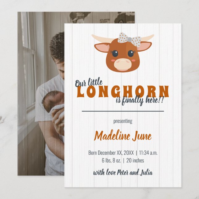 Faire-part Baby Girl Longhorn brûlée Orange Vertical Birth (Devant / Derrière)