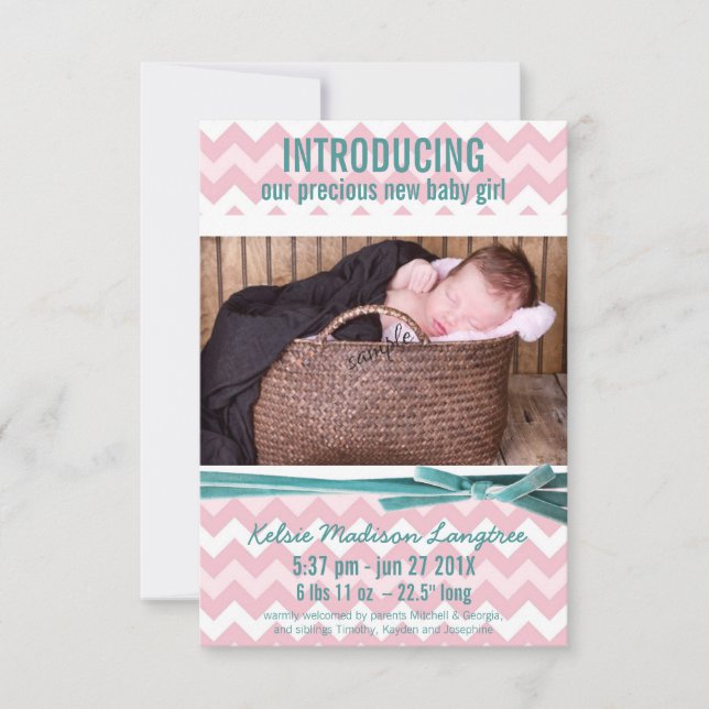 Faire-part Baby Girl rose et Turquoise Chevron Photo (Devant)