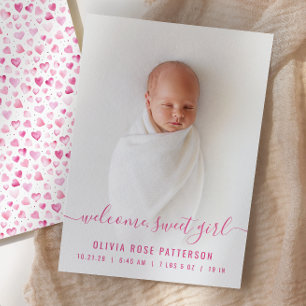 Faire-part Baby Girl Rose Hearts Script Photo Naissance