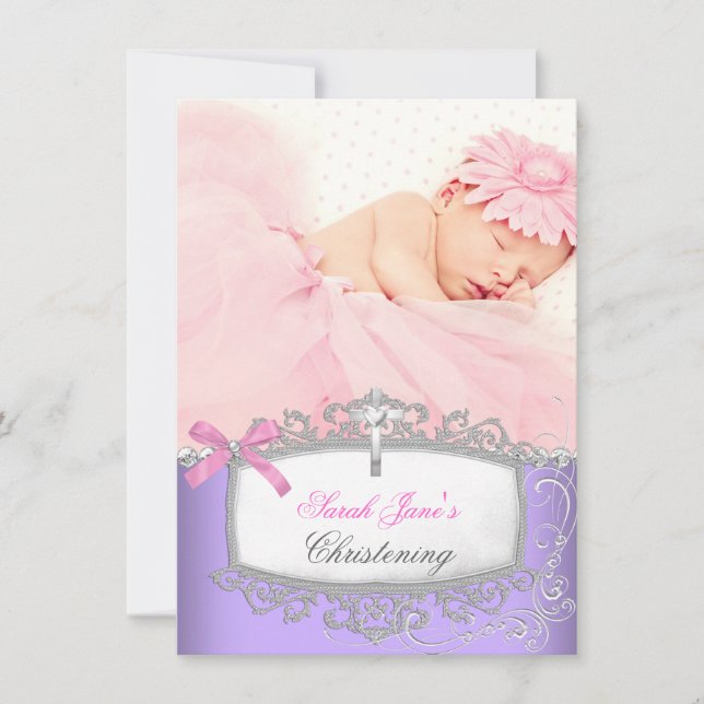 Faire-part Baby Girl rose pourpre Christening Baptism Cross (Devant)