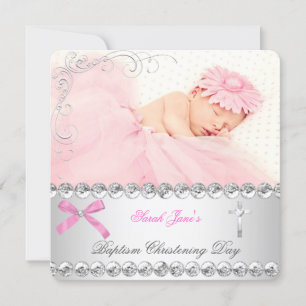 Faire-part Baby Girl Silver rose Christening Baptism Cross
