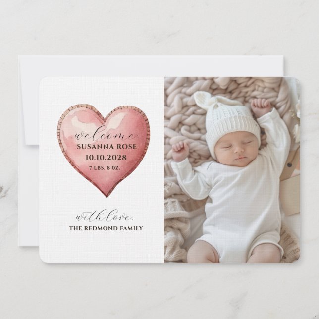 Faire-part Baby Photo Modern Heart Birth Announcement Card (Devant)