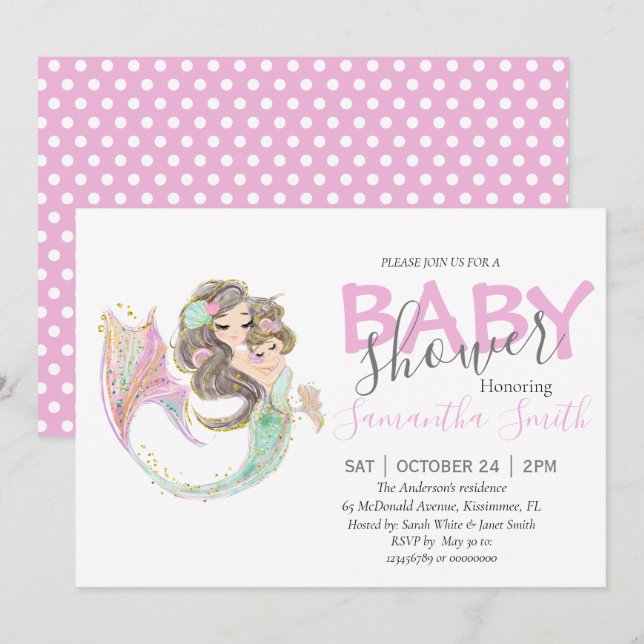 Faire-part BABY SHOWER Brown MERMAID sous la mer (Devant / Derrière)