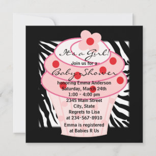 Faire-part Baby Shower Cupcake Rose Zèbre Rose