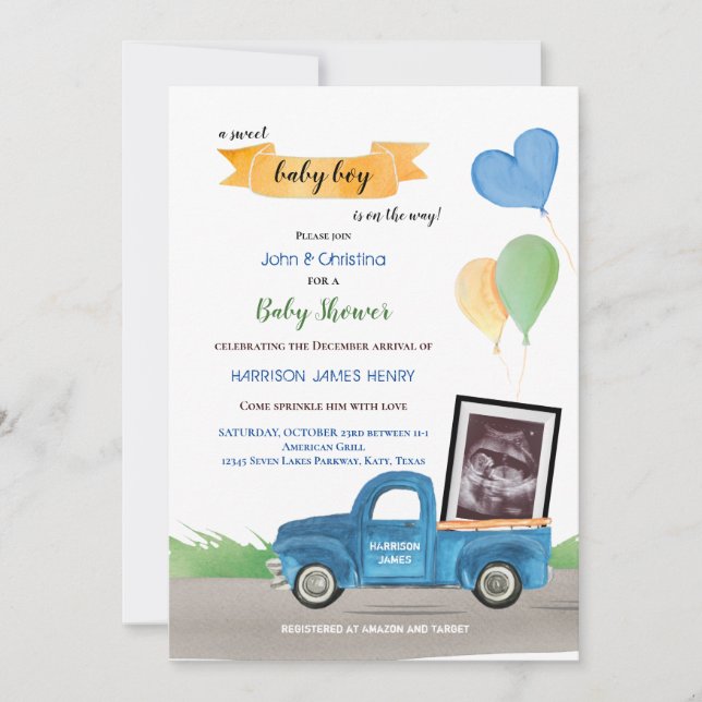 Faire-part Baby shower de ballons verts Ultrasound Blue Truck (Devant)