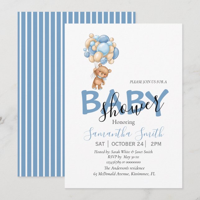 Faire-part Baby shower des ballons d'ours en peluche Invitati (Devant / Derrière)
