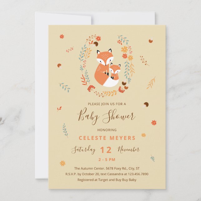 Faire-part Baby shower Fall Mom and Baby Fox (Devant)