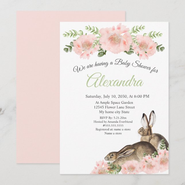 Faire-part Baby shower floral moderne Elegant Pink Poppy (Devant / Derrière)