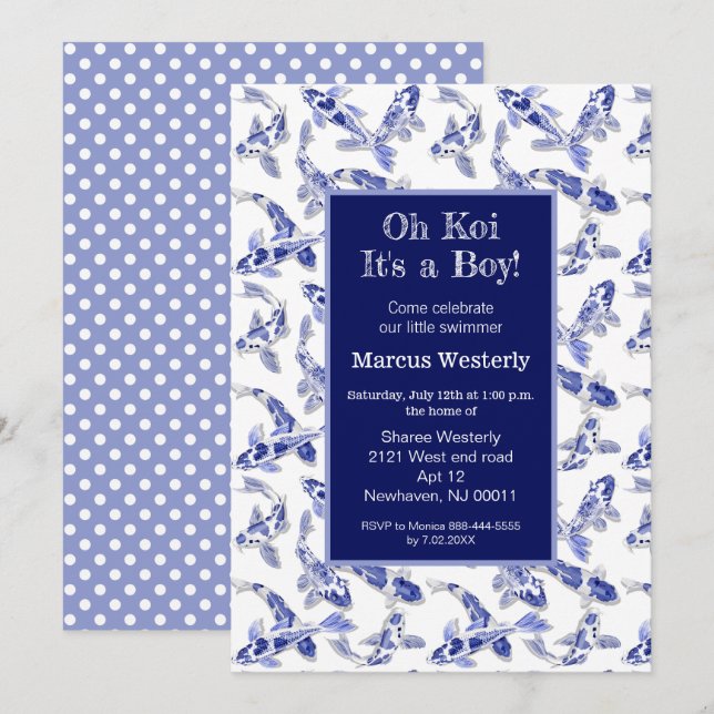 Faire-part Baby shower Koi bleu et blanc (Devant / Derrière)