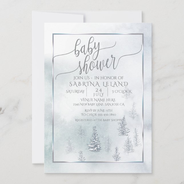 Faire-part Baby shower | Silver Blue Winter Wonderland (Devant)