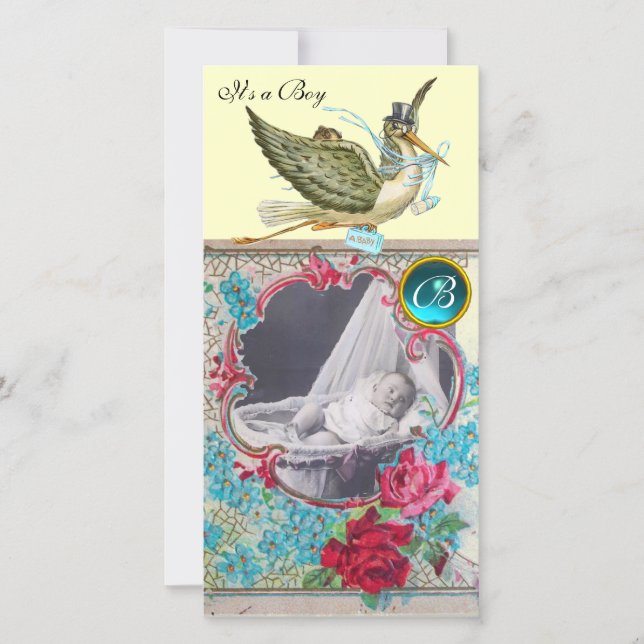 Faire-part BABY SHOWER STORE MONOGRAM, crème aquamarine (Devant)