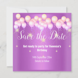 FAIRE-PART BALLON PURPLE ROSE ENREGISTRER LA DATE