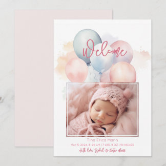 Faire-part Ballons Pastel Bienvenue Bébé Fille Naissance