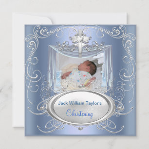 Faire-part Baptême de bébé garçon croix bleue argentée