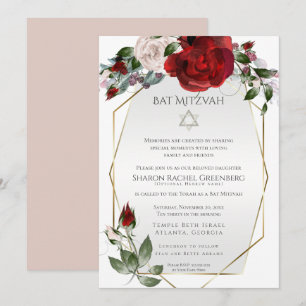 Faire-part Bat Mitzvah Elégantes roses rouges écarlates et