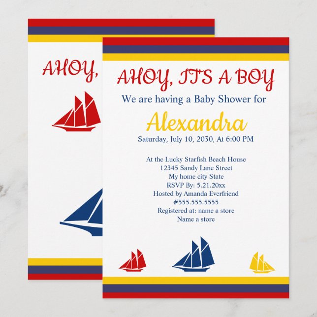 Faire-part Bateau nautique Marine Baby shower bleu jaune roug (Devant / Derrière)
