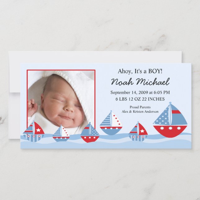 Faire-part Bateaux à voile Bébé Garçon Anniversaire (Devant)