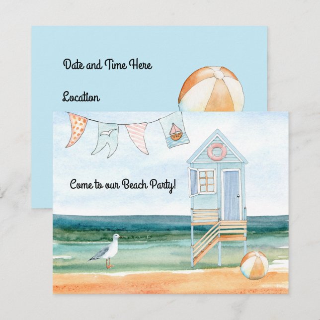 Faire-part Beach Hut Seagull et Beach Ball Party (Devant / Derrière)