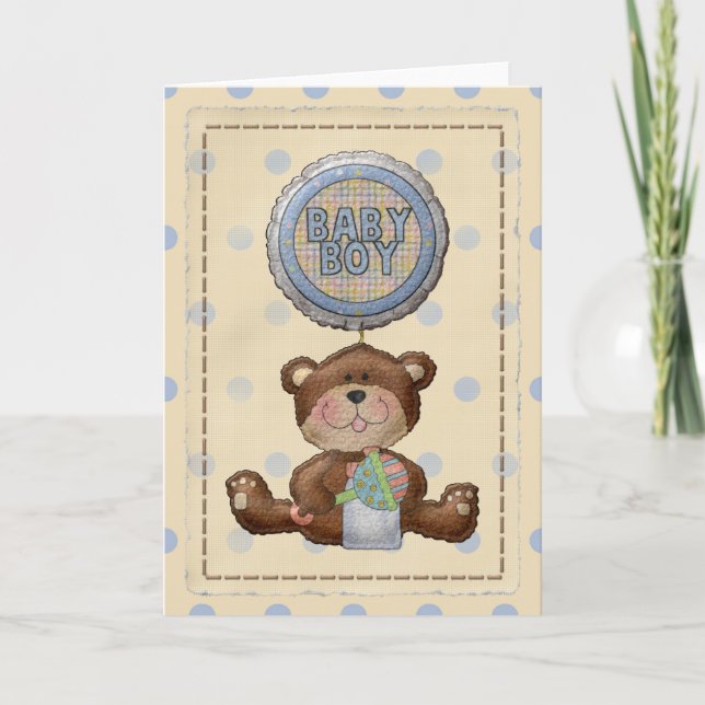 Faire-part Bear with Rattle & Baby Boy Balloon Blank Card (Devant)