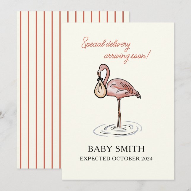 Faire-part bébé avec aquarelle flamingo (Devant / Derrière)