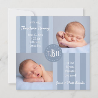 Faire-part Bébé Bleu Stripe Monogramme Annonce de naissance