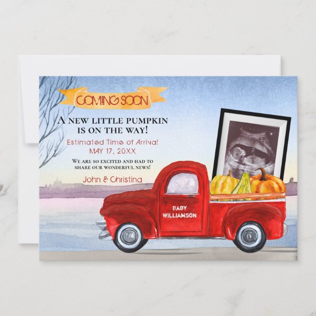 Faire-part Bébé Citrouille Camion rouge Grossesse (Devant)