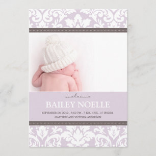 FAIRE-PART BÉBÉ EN DAMAS POURPRE ANNONCE DE NAISSANCE