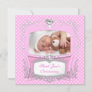 Faire-part Bébé Fille Christening Baptême Pink Polka Dot